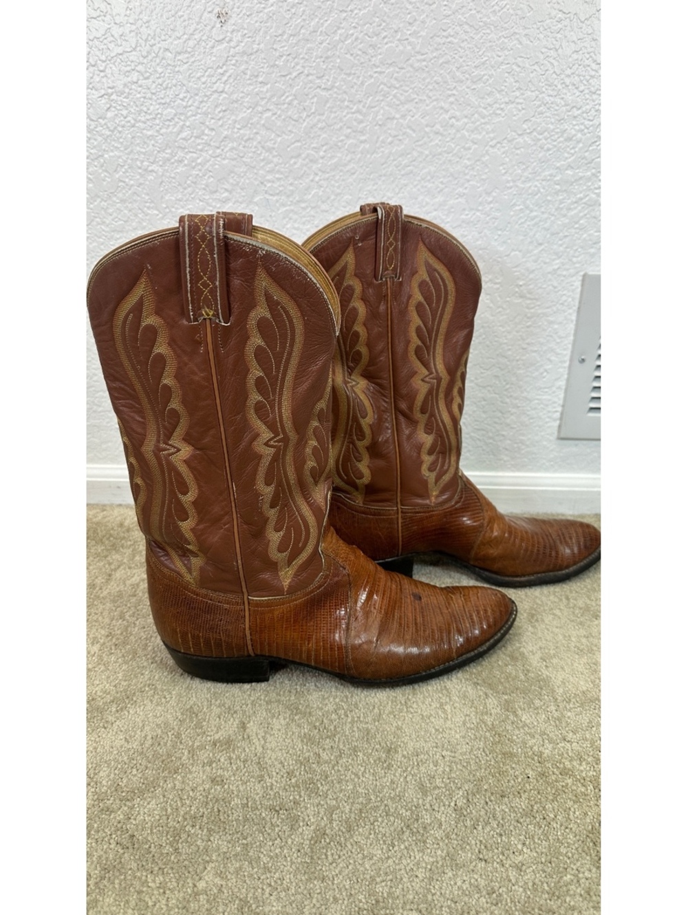 Tony Lama Sz 11½ Round Toe 8540 Exotic Teju Lizard & Leather Cognac Vibram Heel